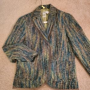 Coldwater Creek tweed blazer moss green with chiffon like trim and snap button